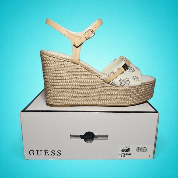 New Guess Women's Taani White/Beige Rainbow Logo Platform Wedge Sandals, 11 M - Picture 6 of 9